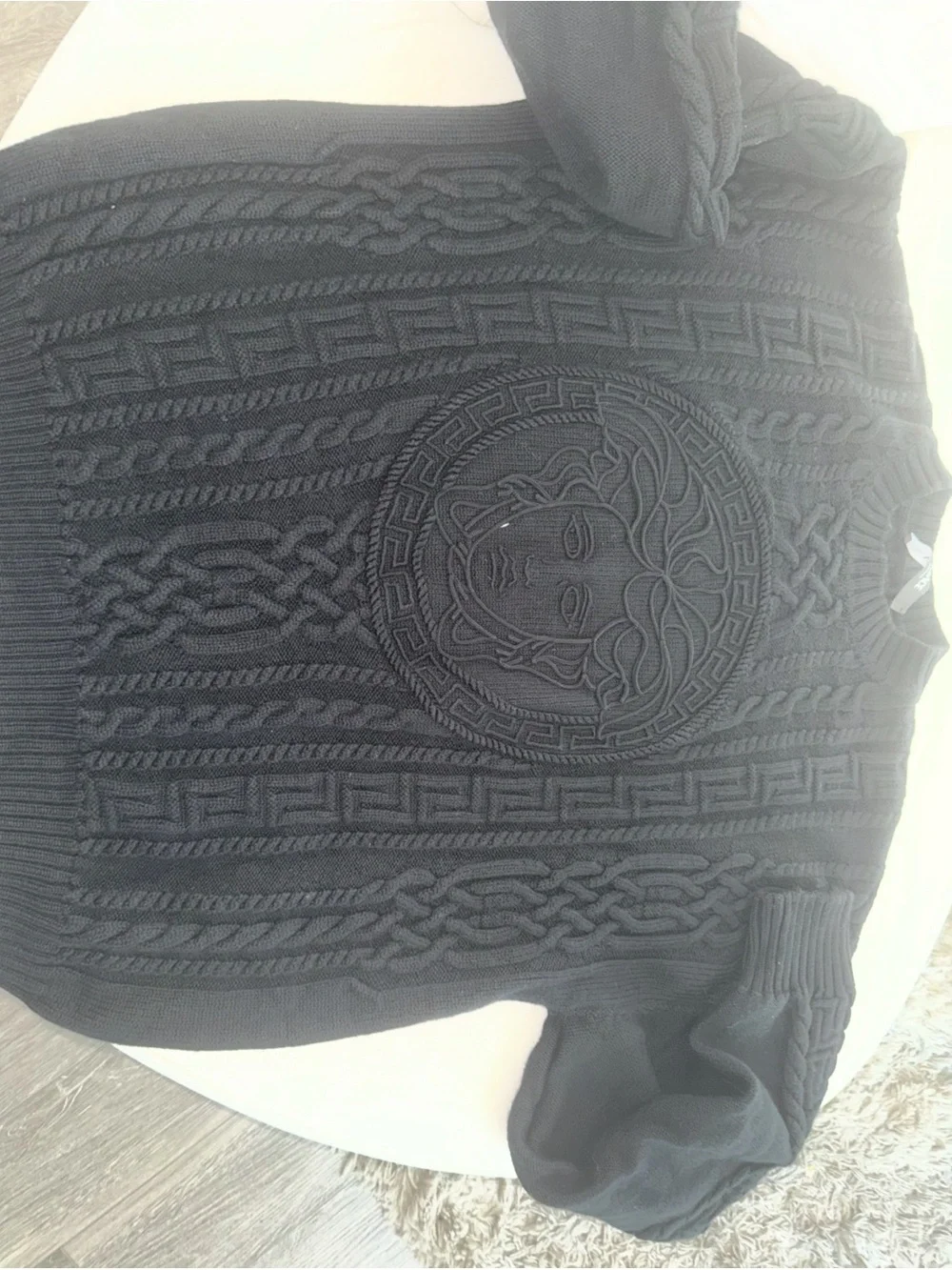 Versace Black Cable-Knit wool Medusa Embossed Crewneck Sweater